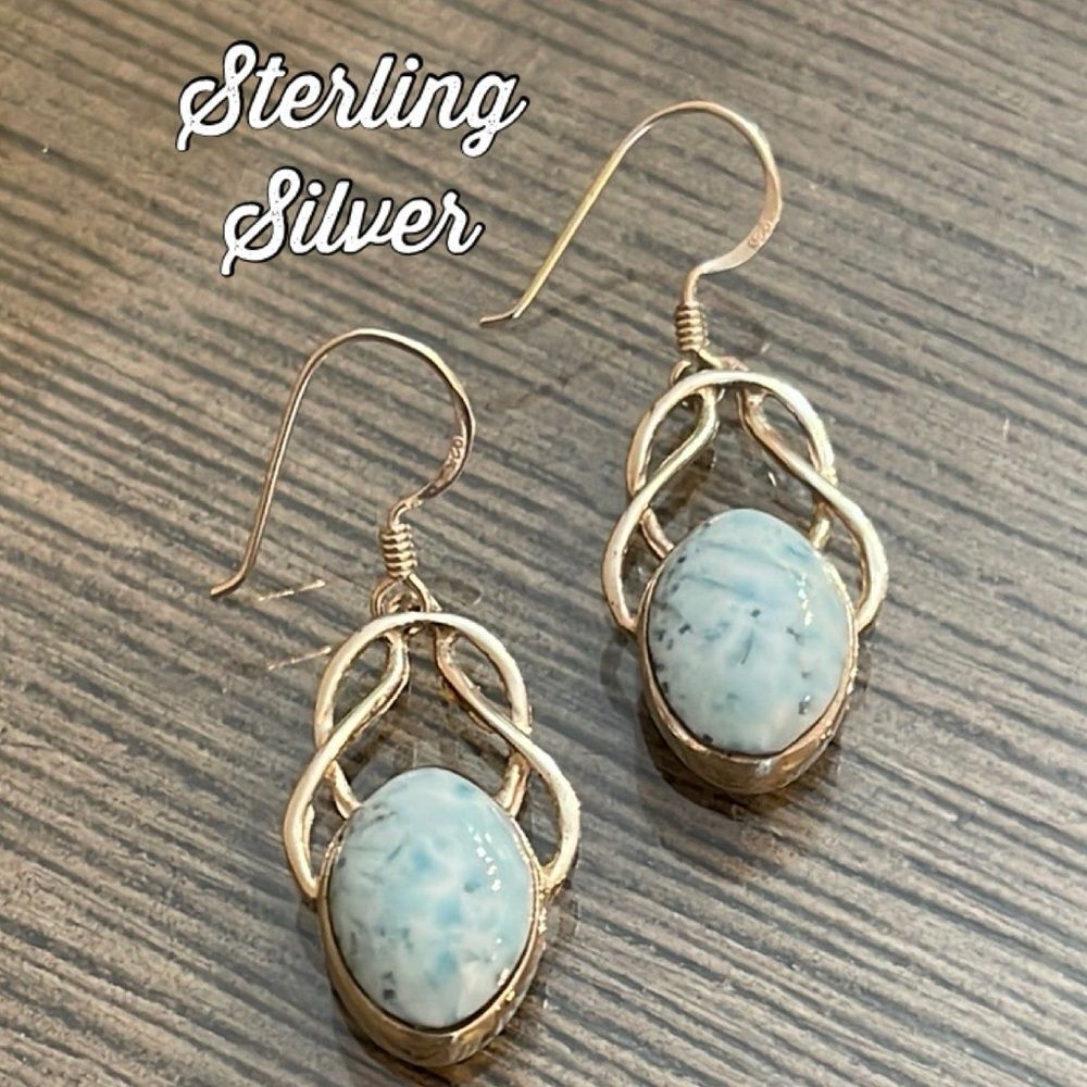 Vintage Sterling Silver Larimar Knot Oval Earrings - Dangle Earrings